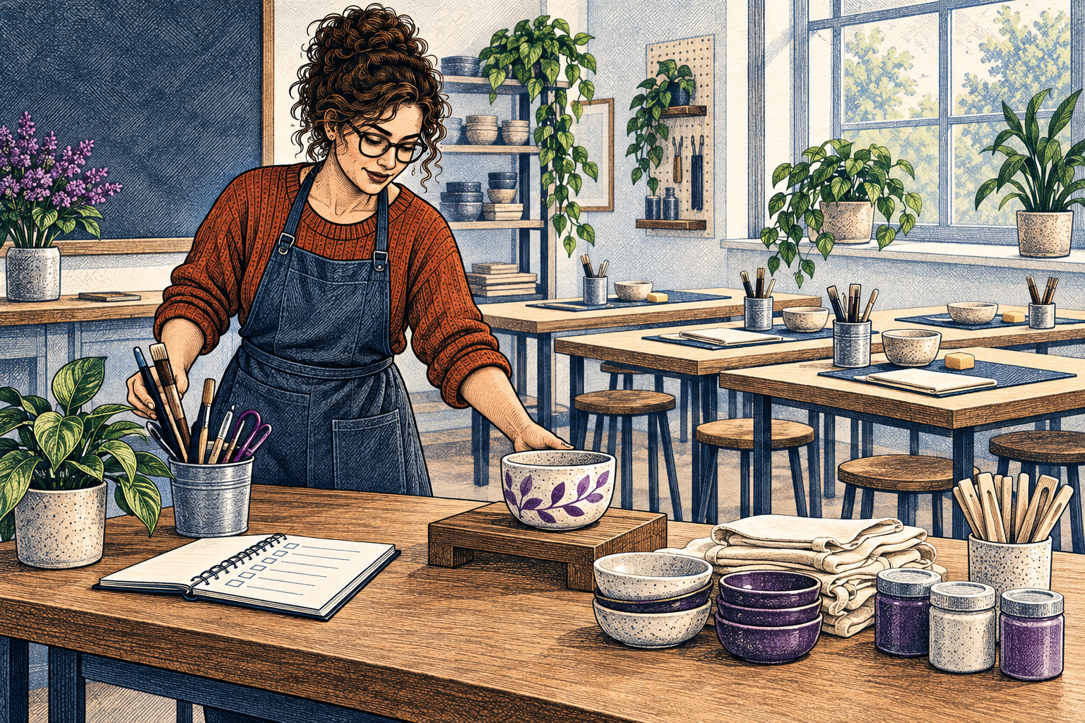 A craft teacher arranges tools and an example piece in a classroom prepared for the next class.