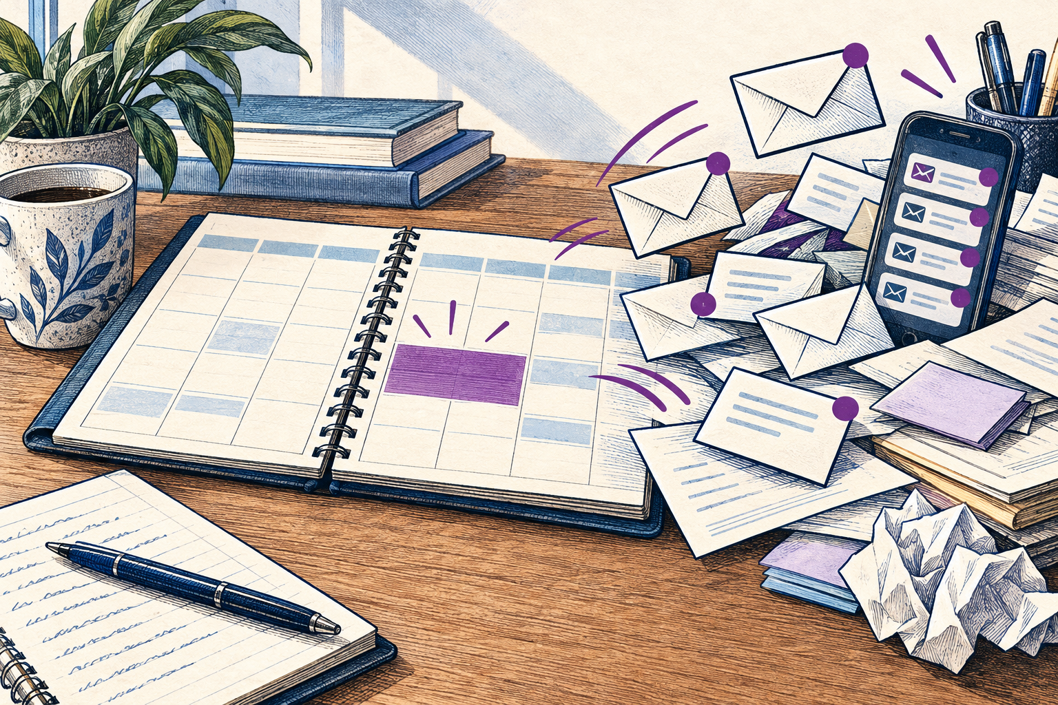 Incoming email crowds a planned work block in an open calendar.