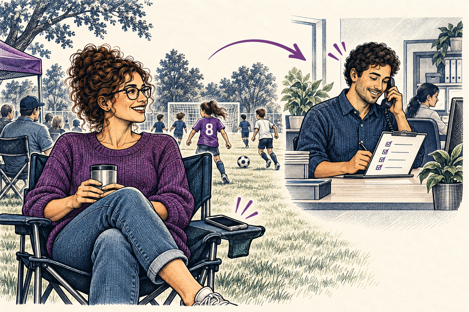 An owner enjoys a soccer match while a colleague handles a routine business decision.
