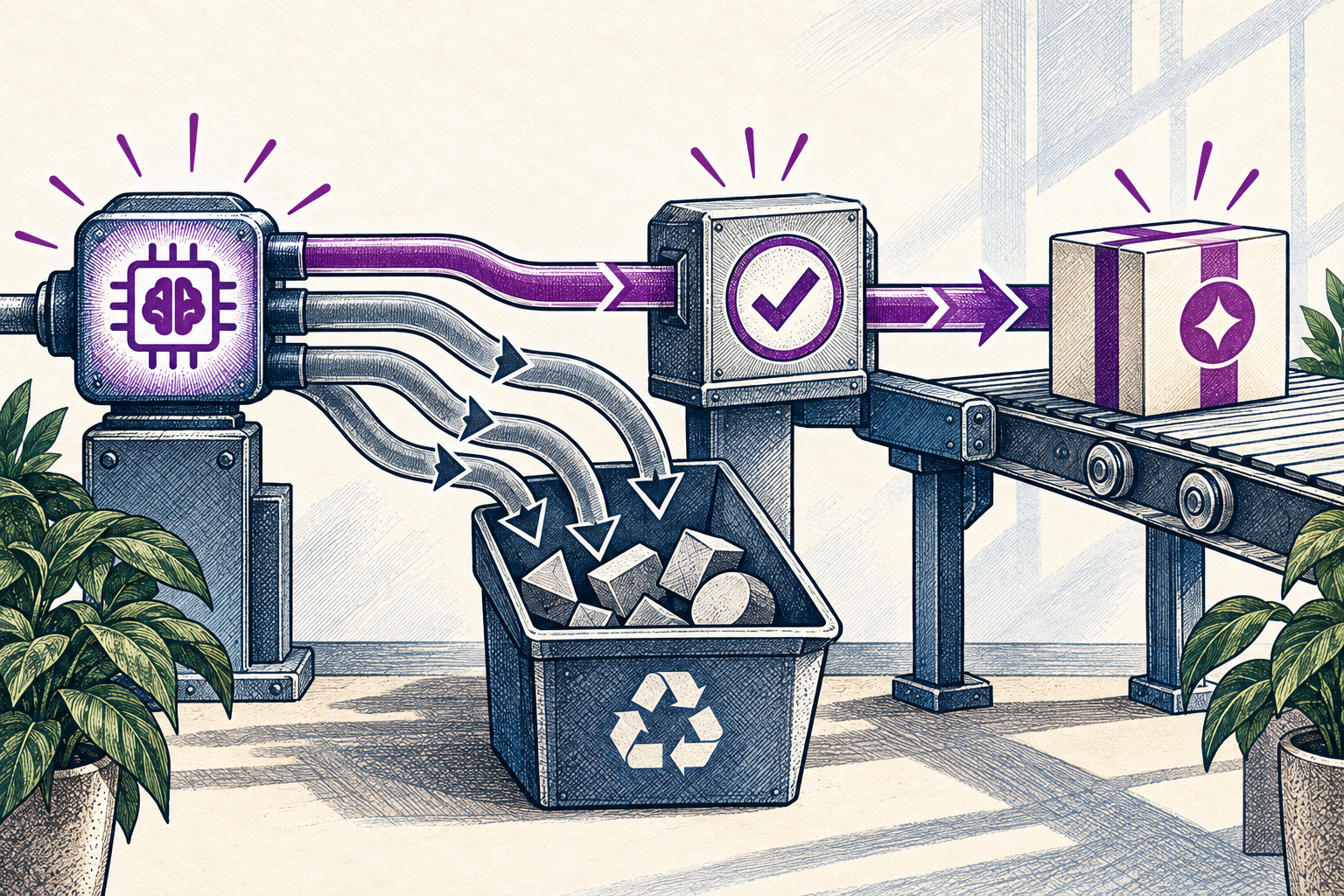 An AI workflow filters multiple suggestions into one checked, finished deliverable.