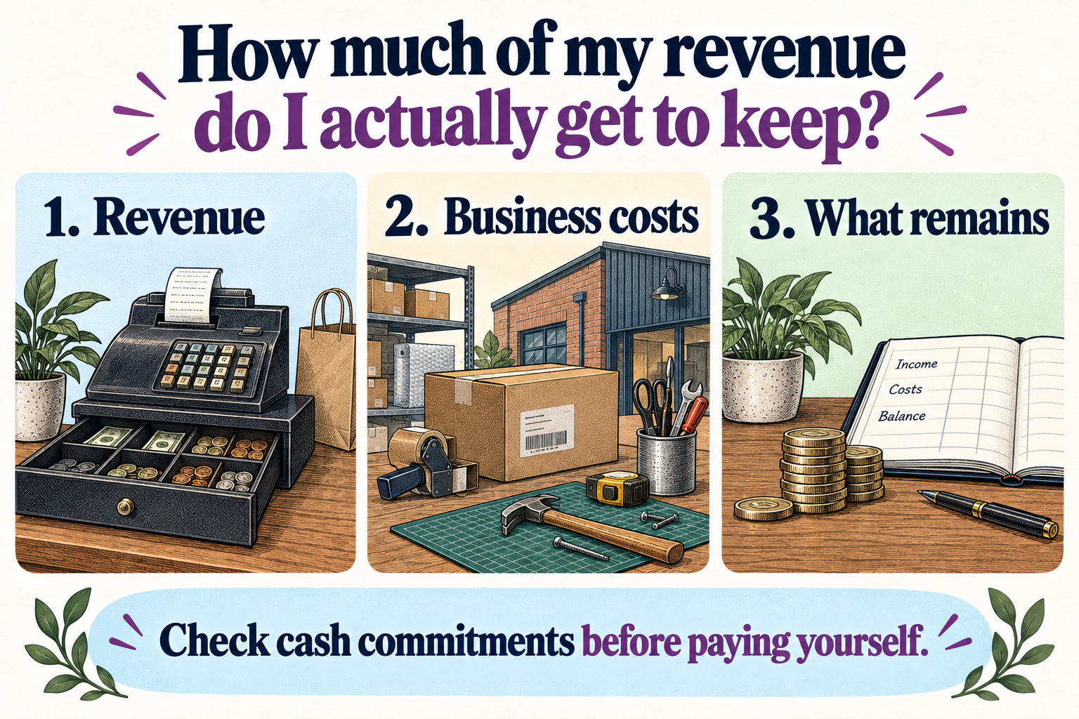 Three illustrated panels: revenue, business costs, and what remains.